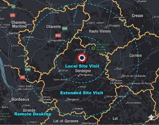 Map showing service area centred on Périgord Vert, approximately 35km north of Périgueux, with on-site coverage of Dordogne and extended coverage across Charente, Haute-Vienne, and western Corrèze